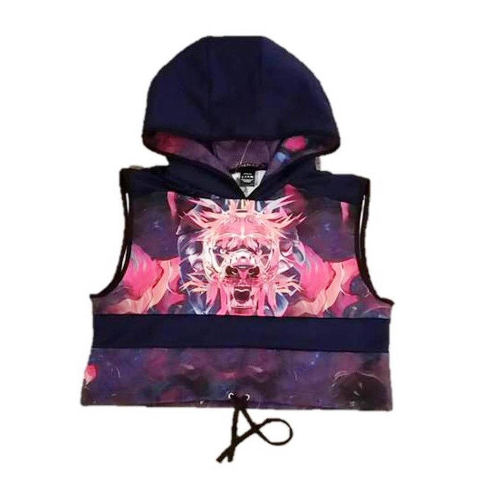 WE ARE HANDSOME Sleeveless HOODIE Animal Print DRAWCORD Hem CROPPED Loose Fit XS